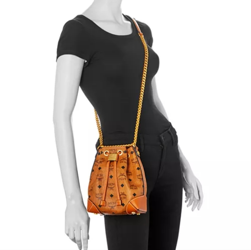 Authentic MCM Mini Visetos Leather Drawstring Chain Bucket Bag